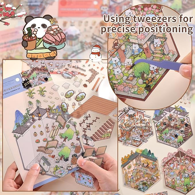 Girls 3D Miniature Scene Stickers, 4 Sets Chinese Courtyard DIY House Stickers for Lunar New Year, Spring, Summer, Auturn, Cute 3D Cartoon Sticker Scenes for Adult Kids Relief Stress Pass The Time