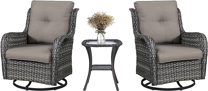 3 PCS Patio Furniture Set - Mixed Grey Wicker Swivel Rocking Chair Set with Side Table