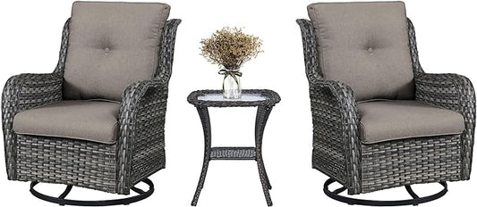 3 PCS Patio Furniture Set - Mixed Grey Wicker Swivel Rocking Chair Set with Side Table