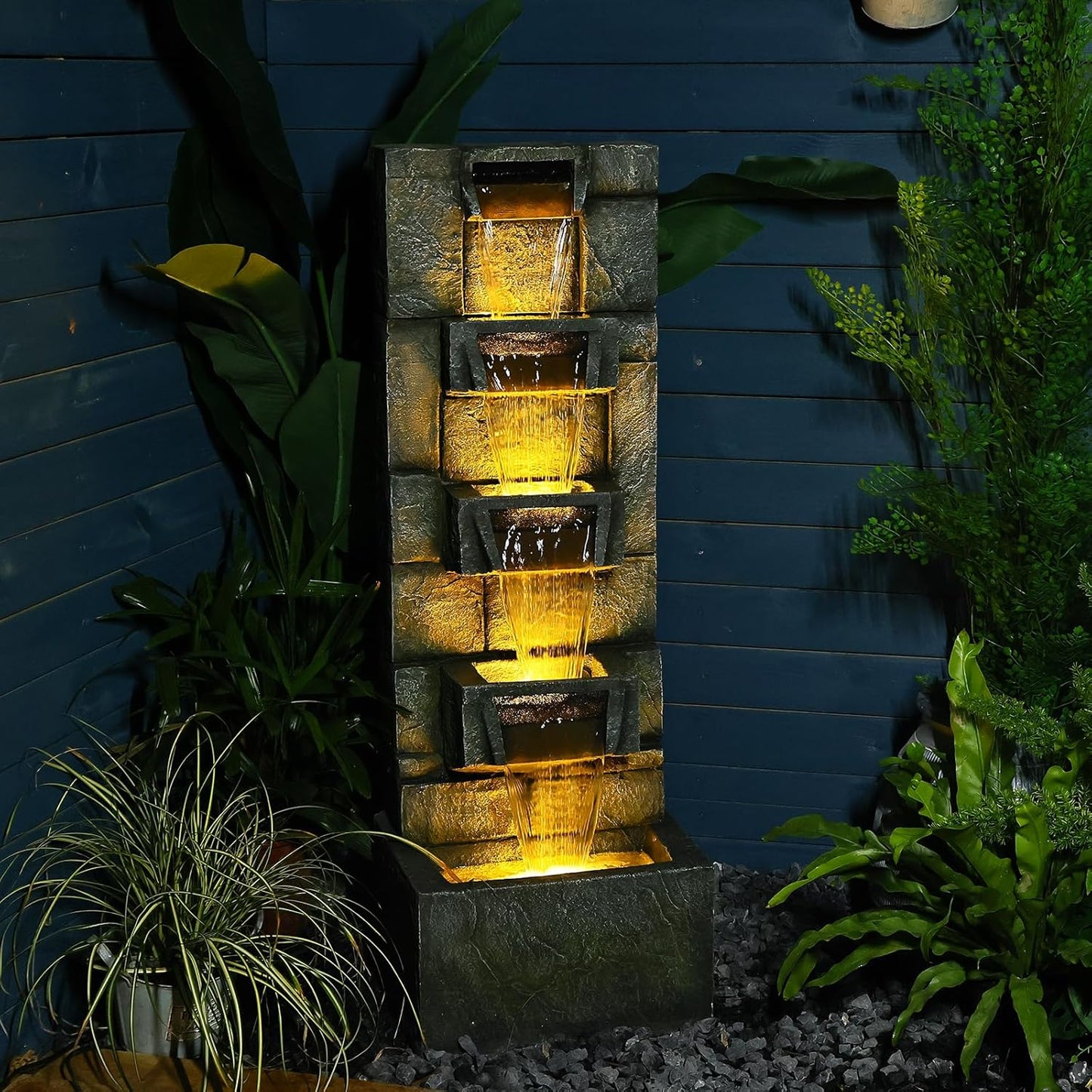 41.1" Garden Water Fountain Outdoor – 5-Tier Modern Cascading Resin Waterfall Fountain with LED Light, Mossy Stone Look, Floor-Standing Outdoor Water Feature for Patio, Yard, Deck, Home Décor