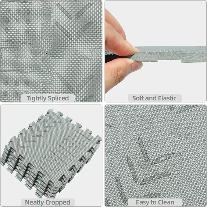 qqpp EVA 18 Tiles Baby Play Mat for Playing, Interlocking Foam Floor Mats for Tummy Time & Crawling, Puzzle Flooring Tiles with Laser Pattern for Kids. Gray. QL-91(L) b18N