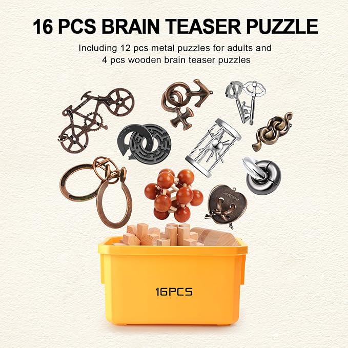 Metal Brain Teaser Puzzles Disentanglement Puzzles Metal Wooden Brain Teaser Puzzle 16pcs Logic Metal Puzzle for Adult Kid Toy Lock Puzzles Gift for Adults Teenagers Kids