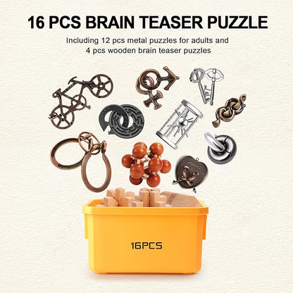 Metal Brain Teaser Puzzles Disentanglement Puzzles Metal Wooden Brain Teaser Puzzle 16pcs Logic Metal Puzzle for Adult Kid Toy Lock Puzzles Gift for Adults Teenagers Kids