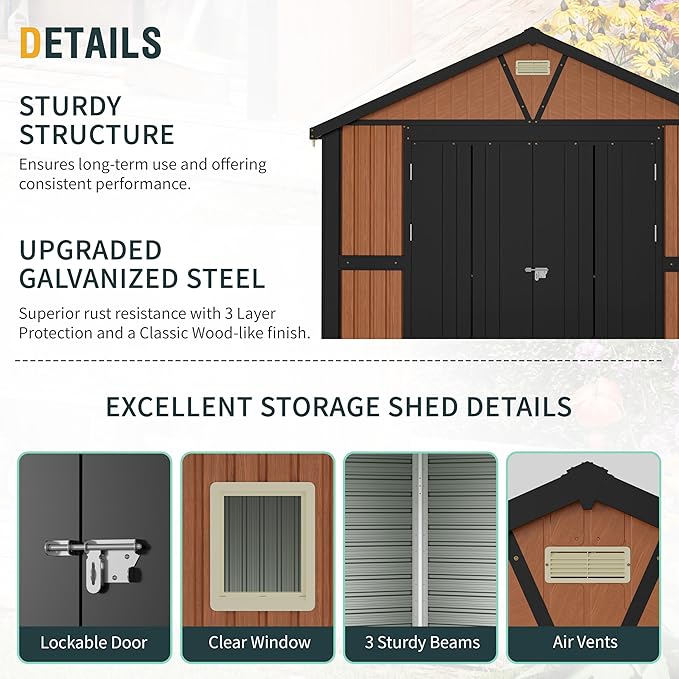 10x12 Ft Outdoor Storage Shed, Extra Large Metal Shed with Lockable Doors, 2 Windows, Outside Steel Tiny House Ideal for Garden, Backyard, Patio Utility, Tool Storage, Chicken Coops