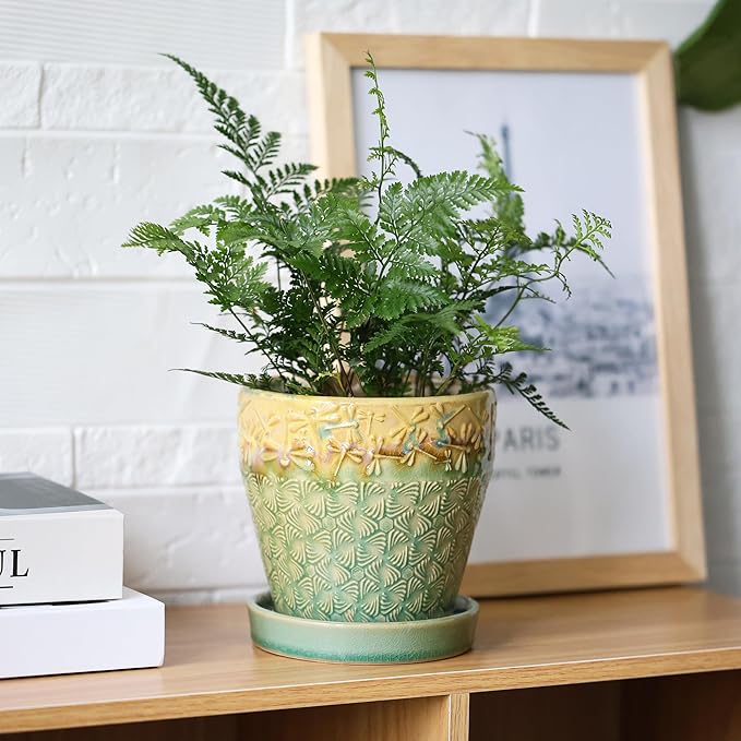 6 Inch + 5 Inch Ceramic Planter Pot with Drainage Holes, Saucers and Mesh Pads for Indoor-Outdoor Plants, Succulent Orchid Flower, Round Plant Pots, Set of 2