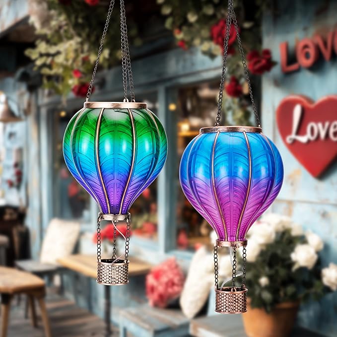 TERESA'S COLLECTIONS 2 Pack Hanging Solar Lantern Outdoor Garden Decor for Valentine ,Waterproof Plastic Hot Air Balloon Green Flickering Flame Effect Lantern for Yard Tree ,18"