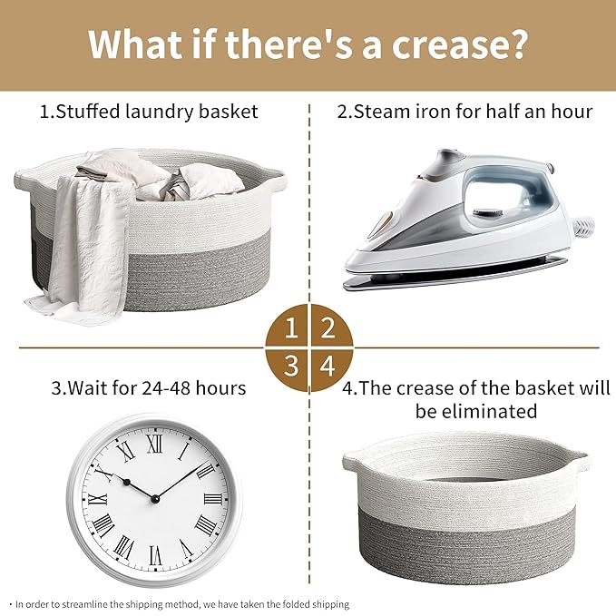 125L Extra Large Blanket Basket, 25" x 16", Jumbo Laundry Woven Basket Decorative Home, Cotton Rope Basket with Handles, Baby Toy Basket for Storage, White & Gray, 2PC