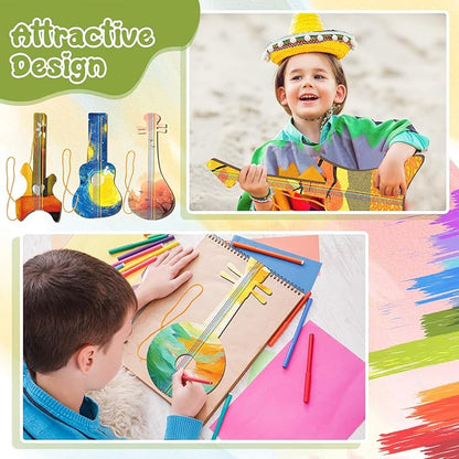 Syhood 48 Pcs/24 Sets DIY Guitar Kit for Kids Guitar Wooden Guitars Paint Bulk Music Party Favor Music Arts Crafts for Kid Boy Girl Halloween Christmas Supplies, 6 Difference Designs