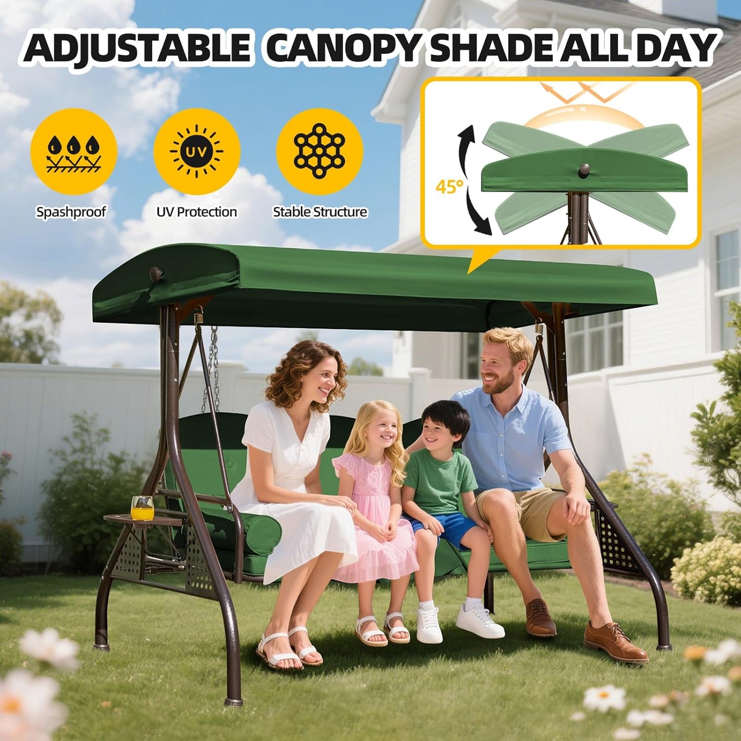3-seat Patio Swing with Canopy,Convertible Outdoor Swing Bed with Thick Cushions, Pillows & Cup Holders, 3-Seat Outdoor Swings Chair for Backyard, Garden, Deck(Green)