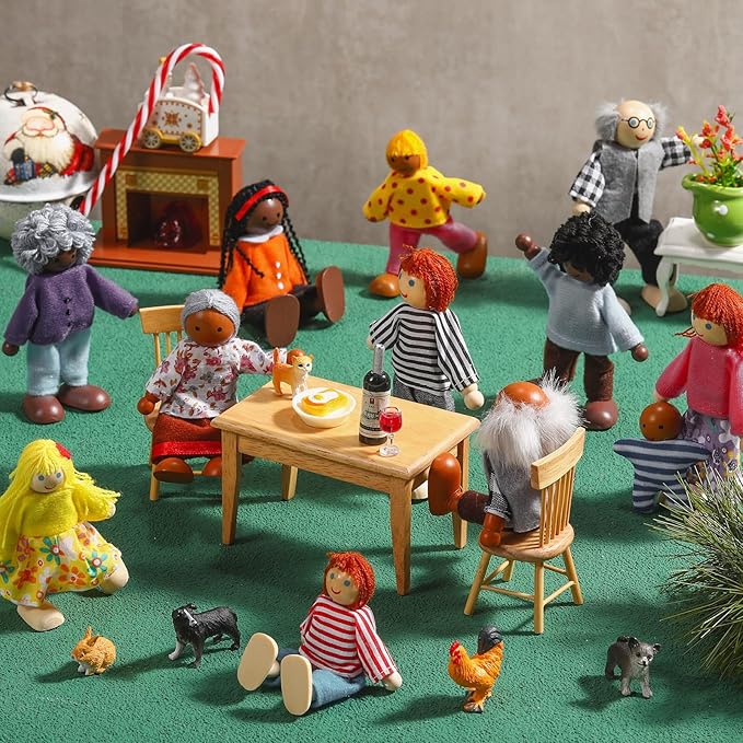 HyDren 30 Pcs Wooden Dollhouse Family of 23 People 7 Pets Doll House People Figures Dollhouse Dolls Wooden Dolls Dollhouse Accessories for Girls Toddler Kids Christmas Pretend Role Play Dress up Gift