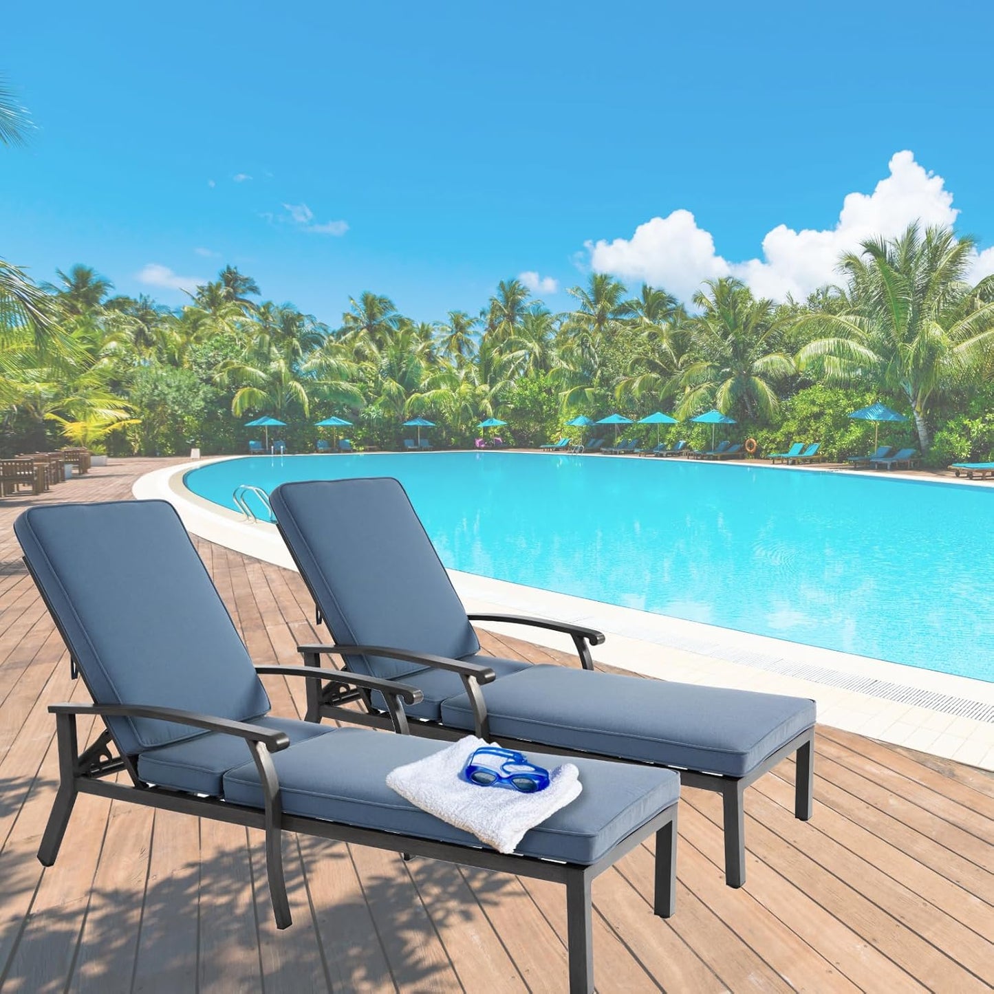 Outdoor Chaise Lounge with 5-Level Adjustable Backrest Set of 2, Durable Aluminum Patio Chair with Waterproof Cushion & Wheels for Garden, Poolside, Blue