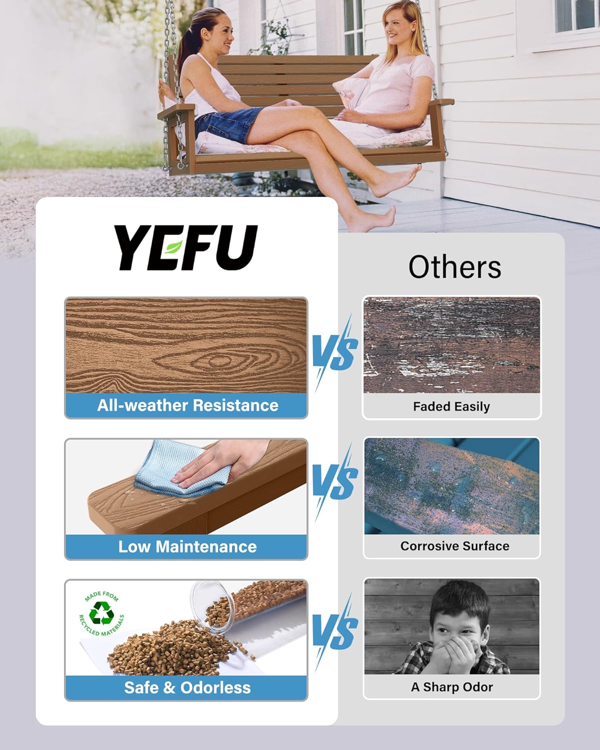 YEFU Hanging Porch Swing Outdoor,2-Seat Patio Swing Bench,All-Weather Swing Chair with Hanging Chains,Look Like Real Wood,for Garden and Courtyard,660LBS Weight Capacity,4FT,Teak