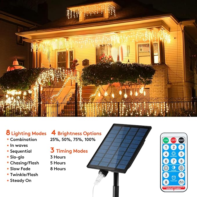 Solar Christmas Lights Outdoor Waterproof Christmas Decorations Curtain Lights 320LED 29.5ft 60 Drops, Solar Powered Rechargeable Fairy Lights for Party, Wedding, Home Decorations(WarmWhite)