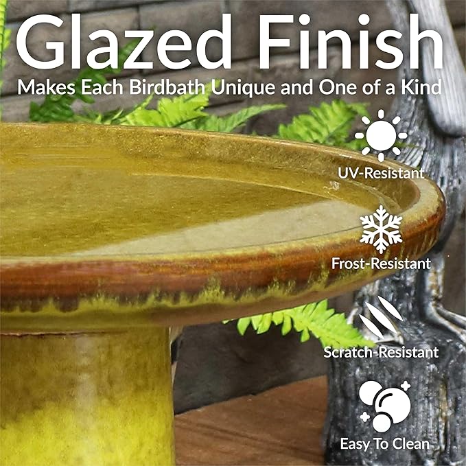 Sunnydaze 21" H Ceramic Bird Bath for Outside - Hand-Painted Outdoor Bird Bath Bowl, UV/Frost-Resistant Finish - Cognac Yellow - Ribbed Pedestal