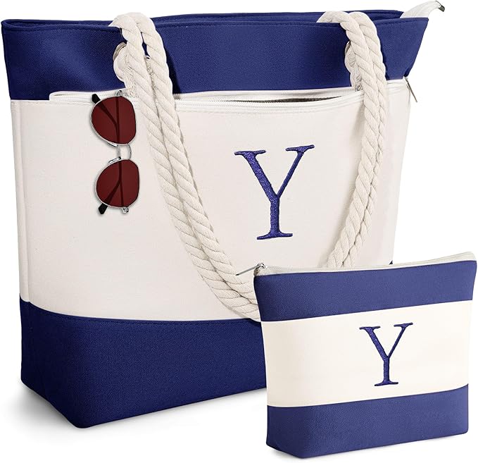 YOOLIFE Beach Bags for Women - Initial Tote Waterproof Bag with Makeup Bag, Mothers Day Gifts for Women Mom Friend Birthday