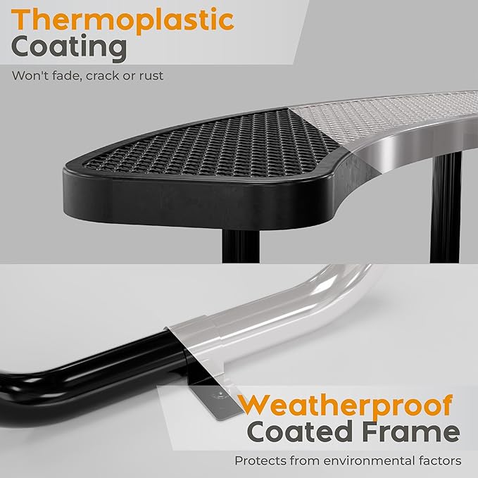 Metal Picnic Tables for Outdoors with Umbrella Hole - Coated Steel Heavy Duty Commercial Grade Table with Adjustable Seats (Black, 38 in, Round, Expanded Steel)