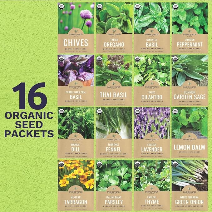 Organic Herb Seeds Variety Pack - 16 Individual Packs - 2025 Season - Basil, Cilantro, Dill, Thyme, Parsley and More! for Indoor & Outdoor Planting (Non-GMO, Certified Organic)