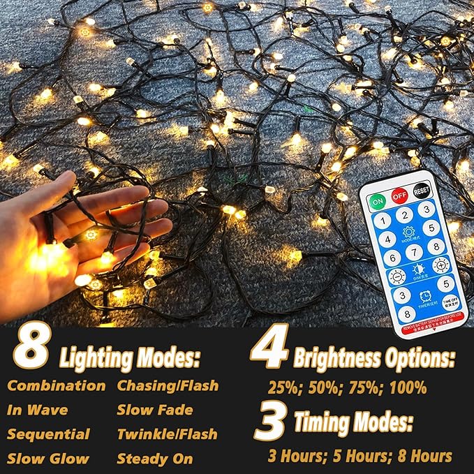 Solar String Lights Outdoor,115 Ft 300 LED Solar Christmas Lights with Remote,8 Modes Waterproof Patio Lights for Christmas Tree Patio Yard Garden Party Decor (Warm White)