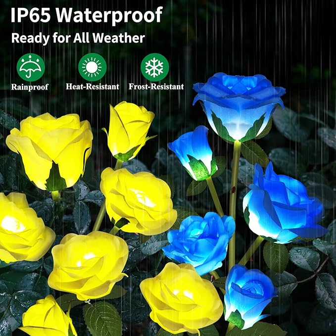 Solar Garden Lights - Realistic 20 Rose Waterproof Solar Flowers for Outside Patio Yard Pathway & Christmas Decorations, Blue & Yellow