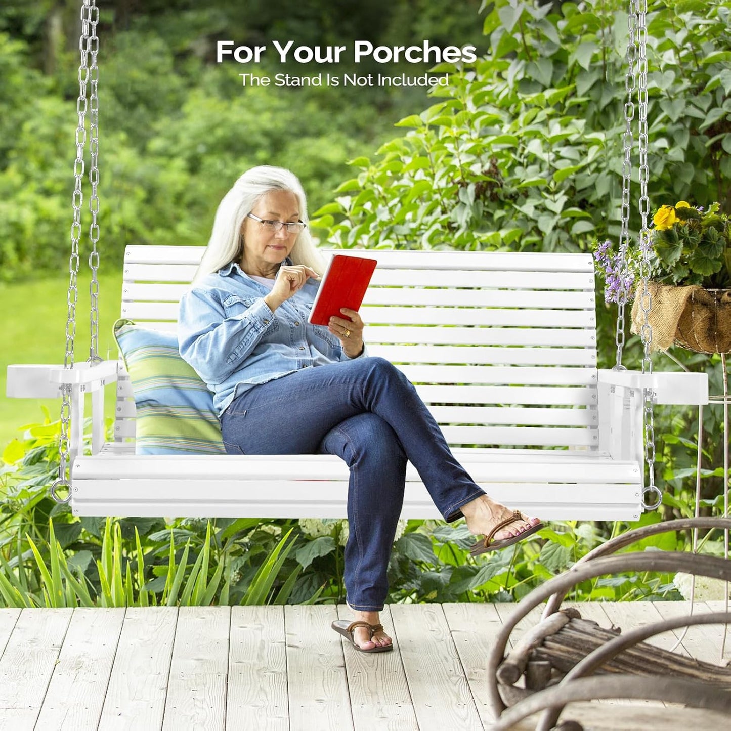 VINGLI XL Size Patio Wooden Porch Swing Outdoor with Cup Holders, Heavy Duty 880 LBS Hanging Swing Chair Bench with Hanging Chains for Yard, Lawn, Garden (4 FT Pro, White)