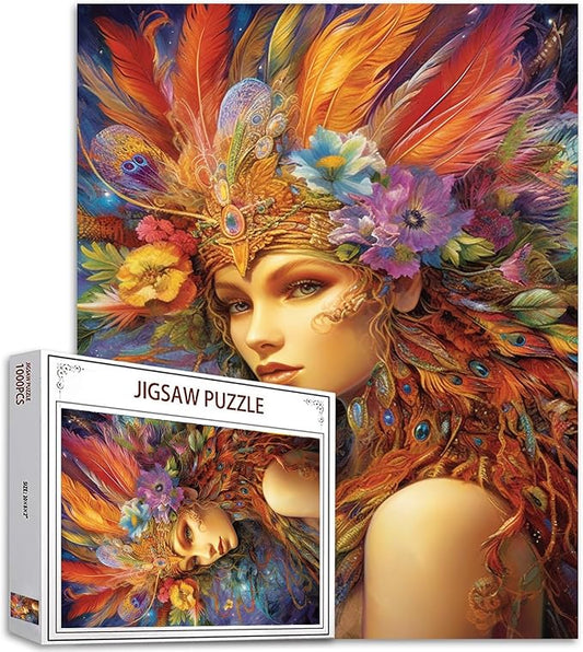 Tucocoo 1000 Piece Jigsaw Puzzles for Adults Woman Portrait Painting Jigsaw Puzzle Feather Flowers Girl 1000 Pieces Puzzles for Challenging Family Activity Game Abstract Art DIY Puzzle Wall Decor