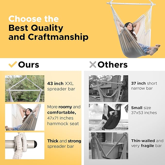 ADVOKAIR Hammock Chair Hanging Chair Rope Swing XXL - Max 500lbs, 70in Large Hammock Swing Chair -Portable Steel Spreader Bar with Anti-Slip Rings-Roomy & Strong