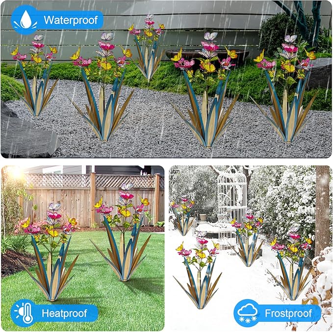 Garden Outdoor Butterfly Enlarge Thickened Wind Resistant Metal Agave Garden Art Metal Plant Country Sculpture Statue Decorations Ornaments Artificial Waterproof Butterflies (Blue 3pcs)