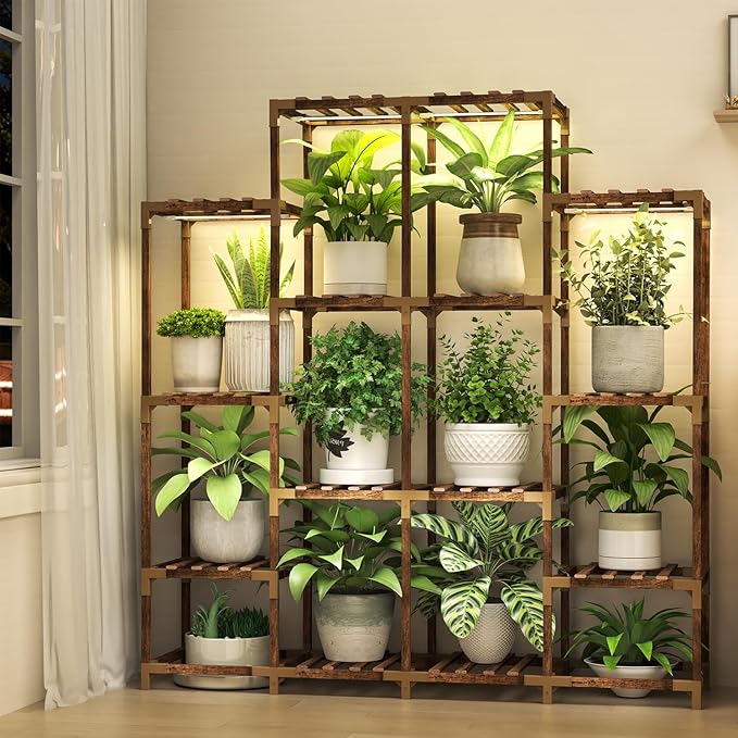 HOMKIRT 16 Tier Plant Stand with Four Headed Grow Lights, Plant Shelf with Grow Light, Wood Plant Stand Rack Flower Stand for Patio Porch Living Room