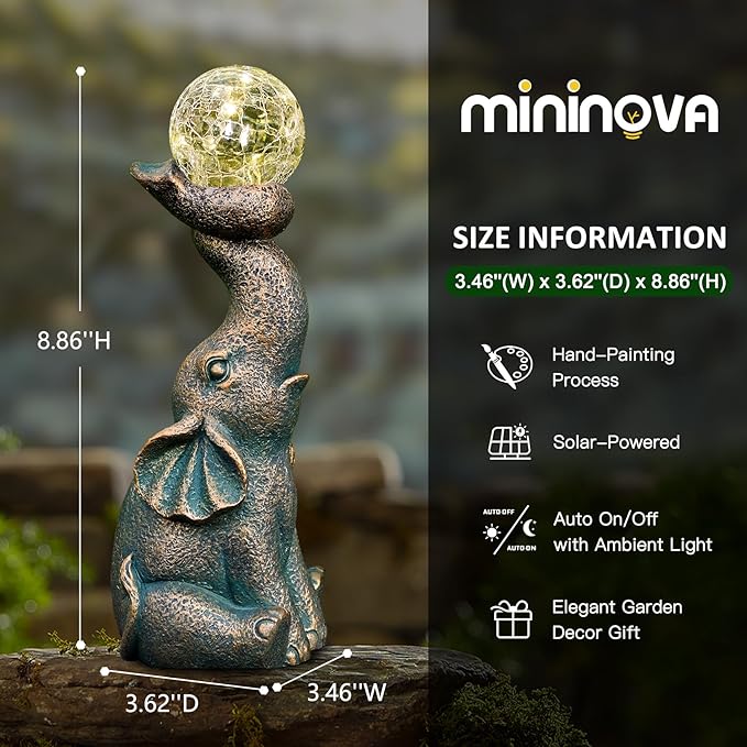 MININOVA Solar Elephant Garden Decor Statues & Sculptures for Outside, Outdoor Figurine Lights for Patio, Yard, Balcony, Unique Housewarming Ornament