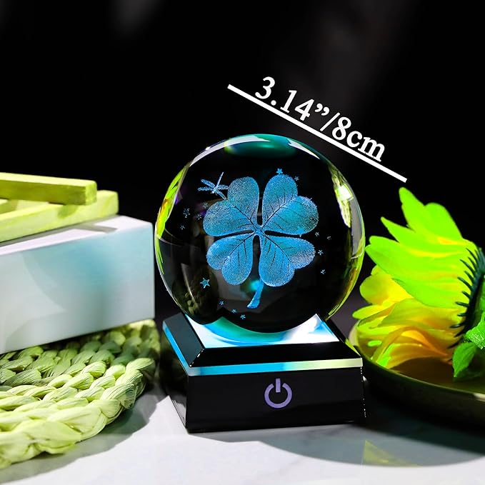 Qianwei 3D Four Leaf Clover 80mm Crystal Ball Good Luck Gifts Ideas with Multicolor Lighting Base - Irish Gifts for Women Decor 4 Leaf Clover