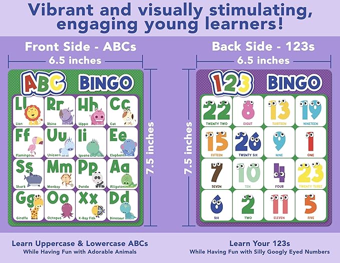 Party Hearty Alphabet and Number, ABC and 123 Bingo Board Game for Kindergarten and Preschool Kids Learn to Read Fun 2 Versions for Ages 4 and Up (Animal Edition)
