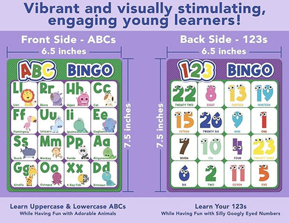 Party Hearty Alphabet and Number, ABC and 123 Bingo Board Game for Kindergarten and Preschool Kids Learn to Read Fun 2 Versions for Ages 4 and Up (Animal Edition)