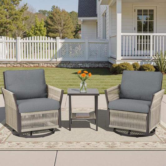 3 Pieces Wicker Bistro Set Chairs Patio Porch Furniture Sets, All-Weather PE Rattan Outdoor Conversation Set with Removable Cushion & Side Table for Porch, Deck, Poolside - Dark Grey