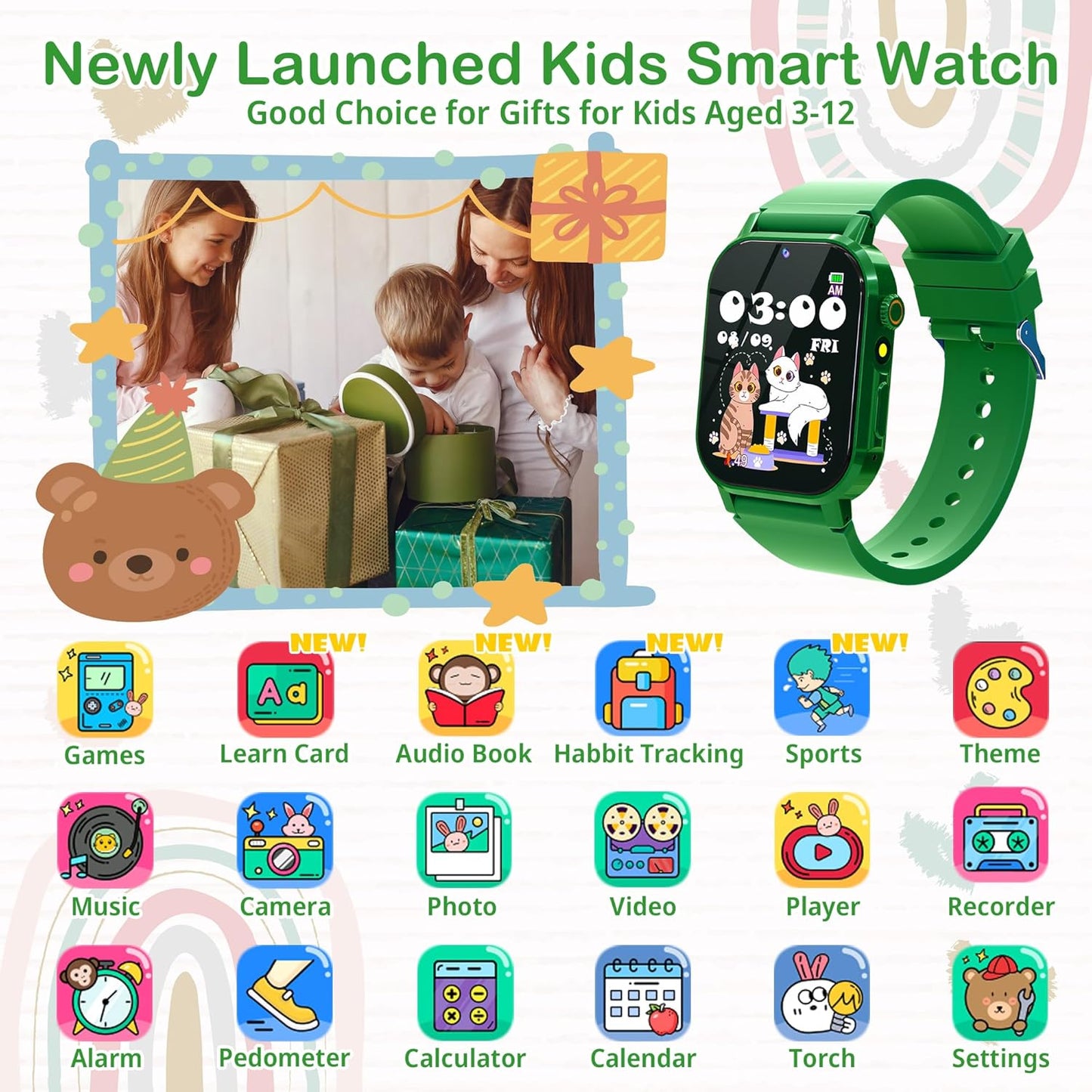 Kids Smart Watch with 32 Games Toys for Ages 5-12 Watch for Kids with HD Touch Screen Video Camera Music Player Pedometer Learn Cards Audiobook, 10 9 8 7 6 5 Year Old Girls Boys Birthday Gifts