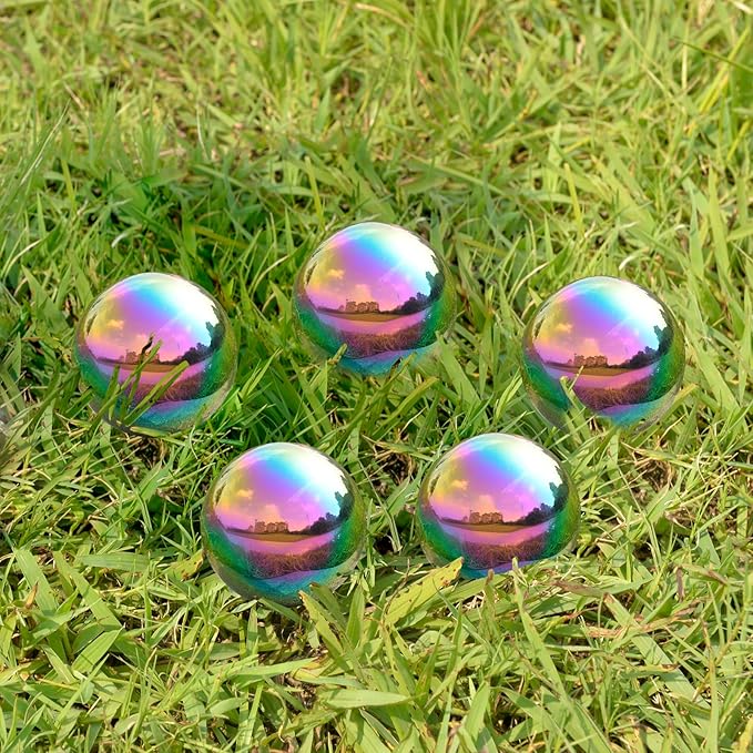 Nerien Gazing Ball, 2 Inch Stainless Steel Garden Mirror Globe, Polished Ornament Sphere, Hollow Floating Reflective Hemisphere, for Home Outdoor Pond Housewarming Swimming Decoration, Rainbow, 5pcs