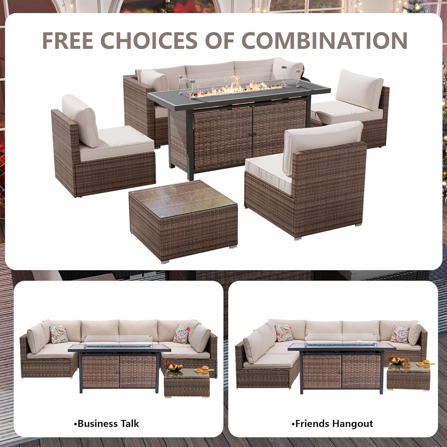 25-Pc Patio Furniture Set - 7 Piece Outdoor Rattan Sofa Set with 57" Fire Table and 17 Accessories, Modular Sofa Set for Garden/Poolside, Beige/Brown