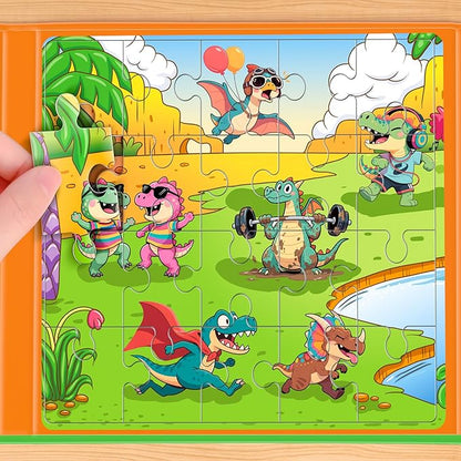 3 in 1 Magnetic Dinosaur Puzzles for Kids Ages 3-5, 3x20 Pieces Puzzles for Toddlers 4-6, Car Airplane Road Trip Activities Magnet Games Toys for 3 4 5 6 Year Old Boys