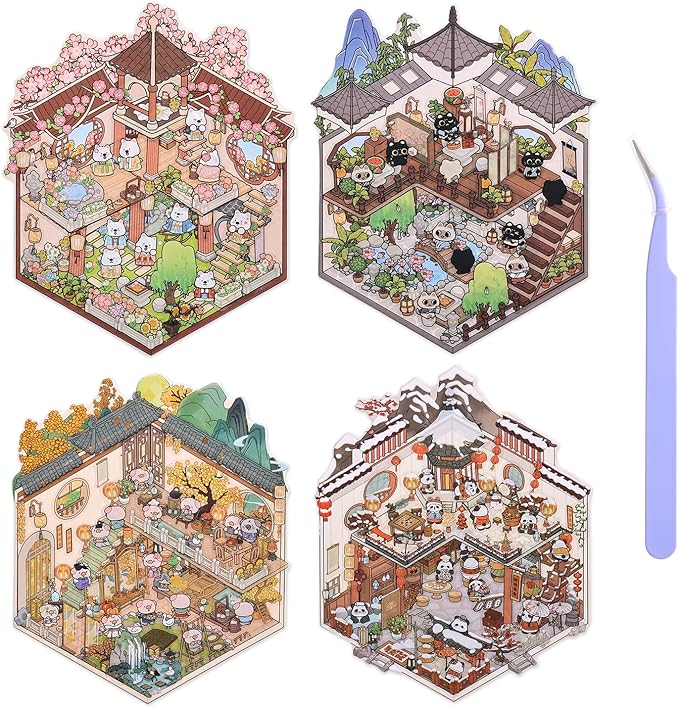 Girls 3D Miniature Scene Stickers, 4 Sets Chinese Courtyard DIY House Stickers for Lunar New Year, Spring, Summer, Auturn, Cute 3D Cartoon Sticker Scenes for Adult Kids Relief Stress Pass The Time