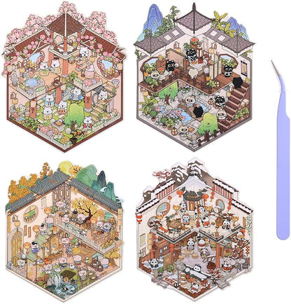 Girls 3D Miniature Scene Stickers, 4 Sets Chinese Courtyard DIY House Stickers for Lunar New Year, Spring, Summer, Auturn, Cute 3D Cartoon Sticker Scenes for Adult Kids Relief Stress Pass The Time