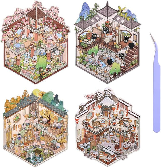 Girls 3D Miniature Scene Stickers, 4 Sets Chinese Courtyard DIY House Stickers for Lunar New Year, Spring, Summer, Auturn, Cute 3D Cartoon Sticker Scenes for Adult Kids Relief Stress Pass The Time