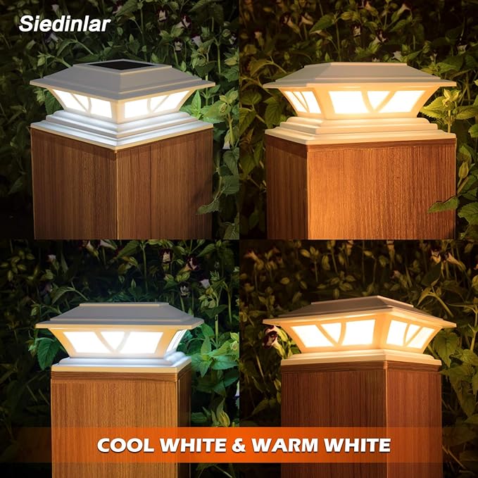 SIEDiNLAR Solar Post Lights Outdoor 2 Modes LED Fence Deck Cap Light for 4x4 5x5 6x6 Posts Garden Patio Decoration Warm White/Cool White Lighting White (4 Pack)
