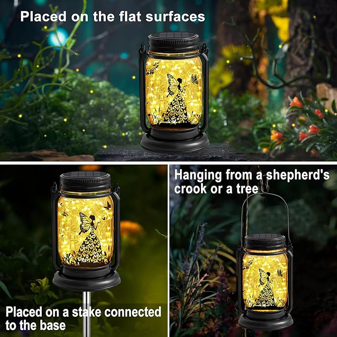 YJFWAL 2 Pack Outdoor Hanging Solar Lanterns, Birthday Mothers Day Gifts for Women Mom Grandma,Fairy Butterfly Vintage Glass Mason Jar, Waterproof Garden Lights for Patio Yard Lawn Tree Party Decor