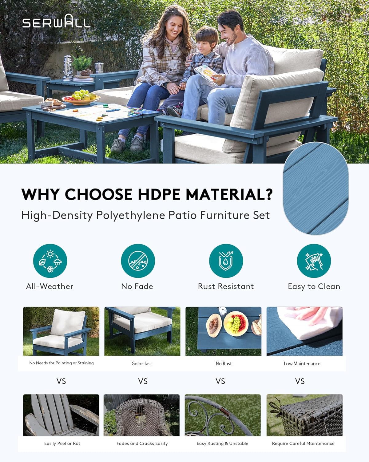 SERWALL HDPE Patio Furniture Set, 7-Piece Outdoor Sectional Sofa Set, All Weather Outdoor Couch Set for Deck, Lawn, Blue Frame with Khaki Cushion