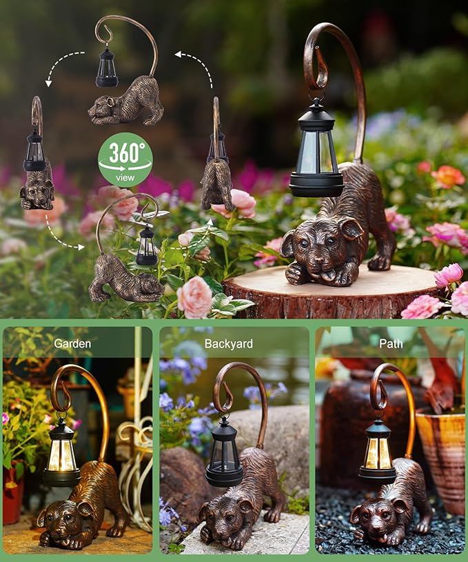 Solar Dog Garden Statue for Outdoor: Outside Sculptures Decor for Art Patio Balcony Yard Lawn – Unique Birthday Gift for Women Mom Grandma