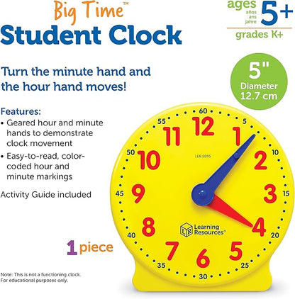 Learning Resources Big Time Student Clock, Teaching & Demonstration Clock, Develops Time and Early Math Skills, Ages 5+, Clock for Learning, 12 Hour,Back to School Gifts