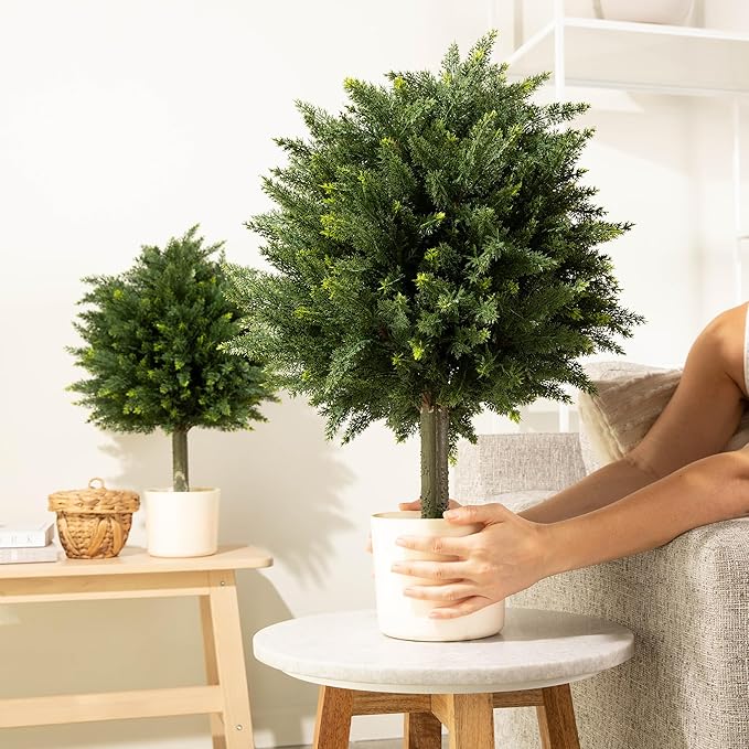 Premium 16" Diameter Artificial Cypress Topiary – Set of 2 Faux Plants in Beige Decorative Planters – UV-Resistant, Weatherproof, Realistic Outdoor & Indoor Greenery