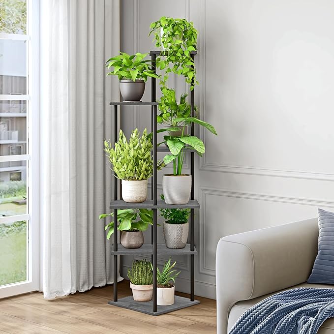 Plant Stand Indoor 6-Tier Metal Wood Plant Shelf for Multiple Flower Pots Corner Tall Flower Holders for Living Room Balcony Bedroom, Oak Grey