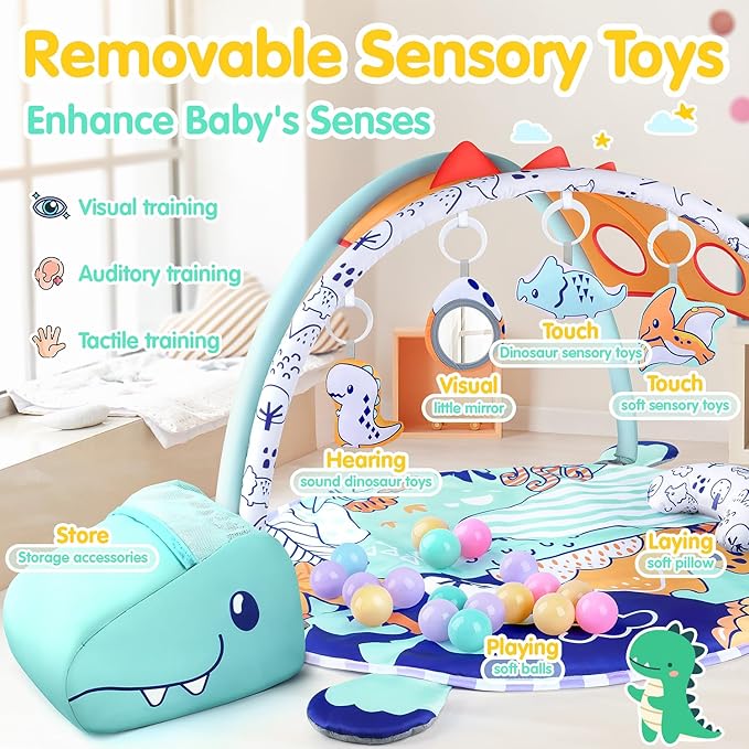 5-in-1 Baby Play Mat - Dinosaur Themed Activity Gym for Babies 0-6 Months with Ball Pit, Detachable Sensory Toys, Pillow, Machine Washable