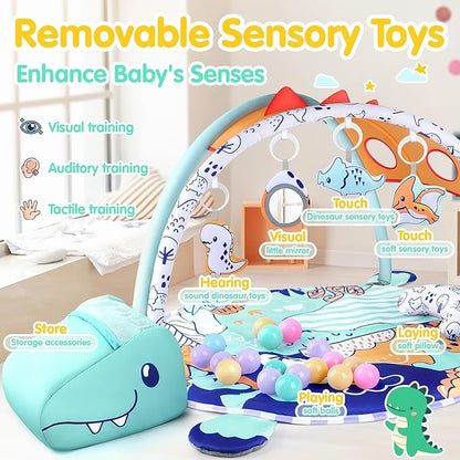 5-in-1 Baby Play Mat - Dinosaur Themed Activity Gym for Babies 0-6 Months with Ball Pit, Detachable Sensory Toys, Pillow, Machine Washable