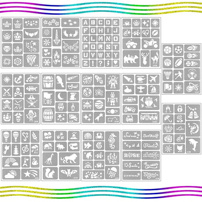 Yazhiji 390 PCS Temporary Tattoo Stencils, Face and Body Paint Stencils Kit, Girl Boy Glitter Tattoos Stencils Pack for Kids School Show Birthdays Halloween Christmas Party Favor Supplies